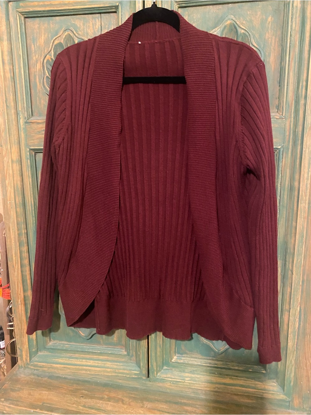 Open-Front Ribbed Cardigan Sweater - Wine Burgundy